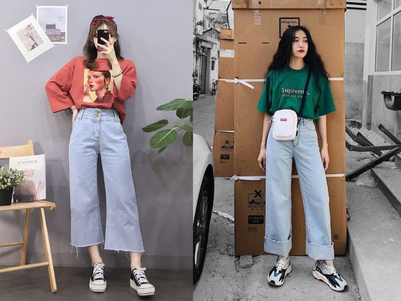 Mix áo thun oversize nữ với quần jean ống rộng